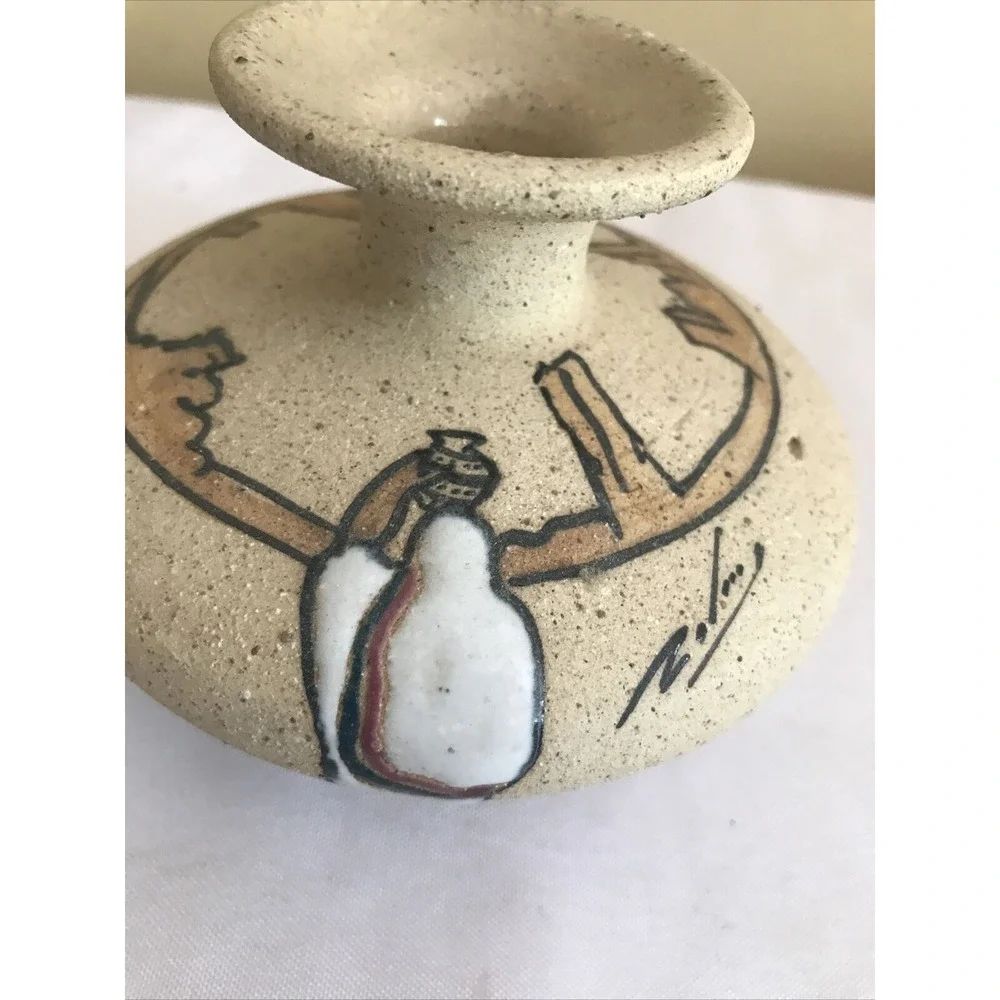 Vtg Signed Sand Pottery Bud‎ Vase Butte Mesas Pueblo Enameled